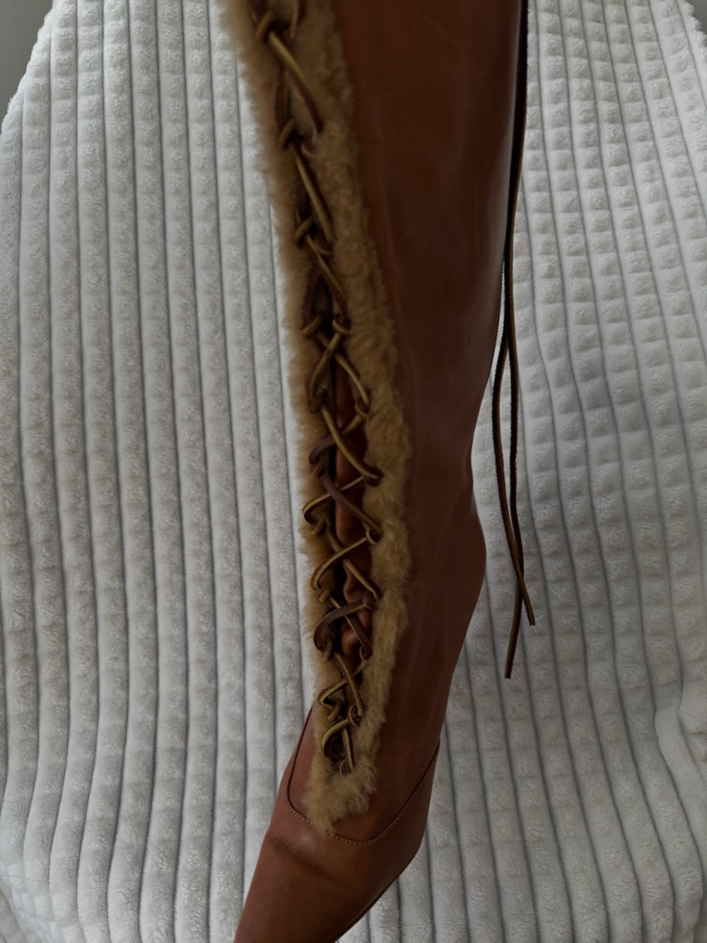 Manolo Blahnik Chestnut Brown Leather Fur-Trim Knee Boot - Picture 2 of 3
